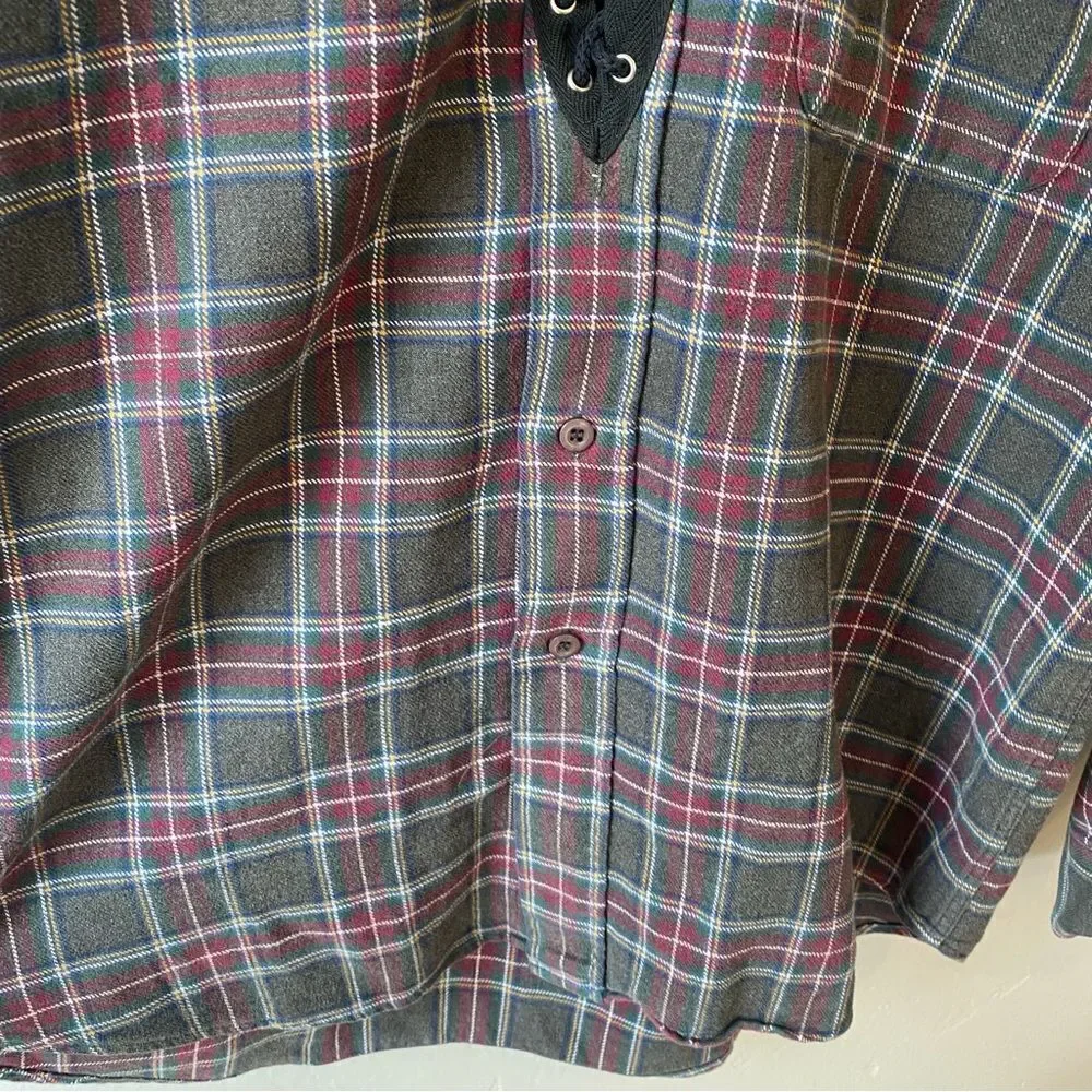 Furst of A Kind Upcycled Oversized Plaid Lace Up Button Front Flannel Shirt